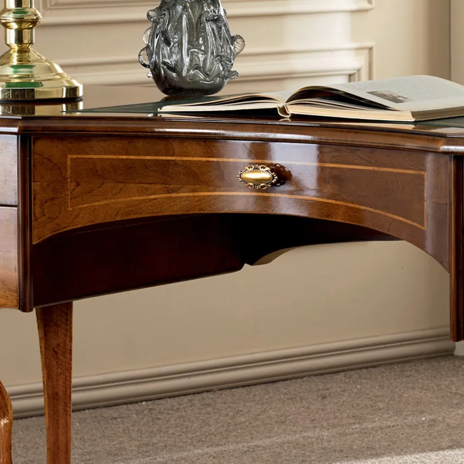 مكتب كلاسيكي بخمسة أدراج من الخشب والجلد البيئي، صنع في إيطاليا - كومودو Viadurini