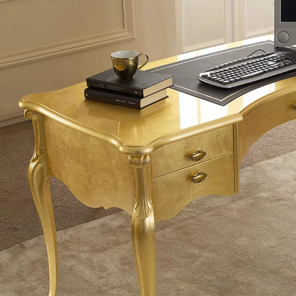 مكتب كلاسيكي بخمسة أدراج من الخشب والجلد البيئي، صنع في إيطاليا - كومودو Viadurini