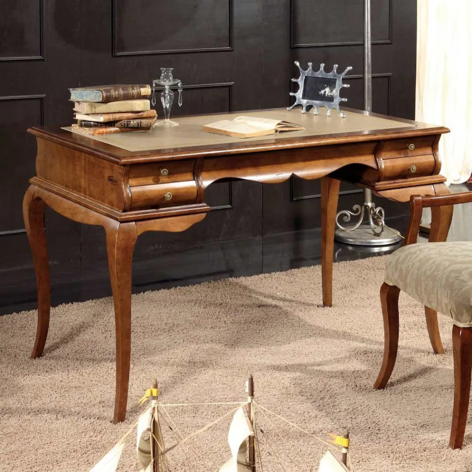 مكتب بخمسة أدراج مصنوع من خشب الجوز والجلد البيئي، صنع في إيطاليا - هاستينجز Viadurini