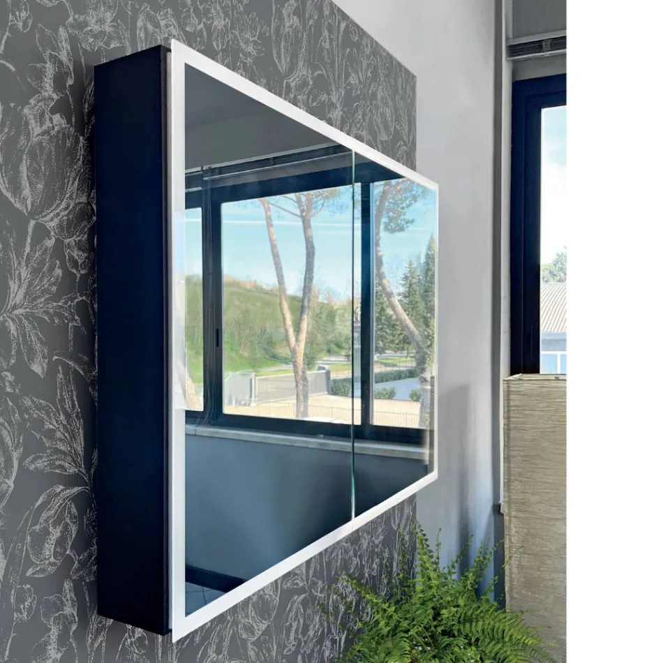 حاوية مرآة خشبية مع مرآة مزدوجة وأضواء مصنوعة في إيطاليا - داروين Viadurini