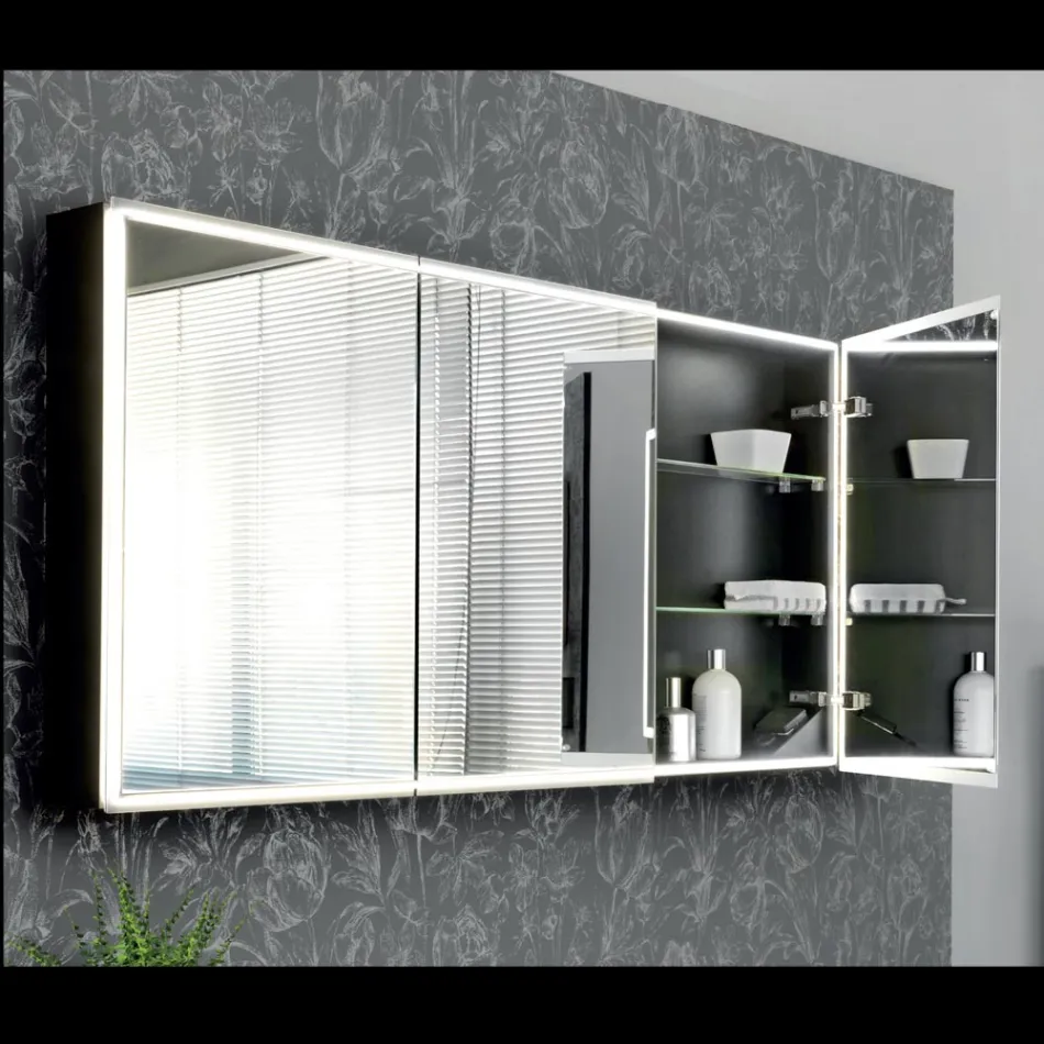 حاوية مرآة خشبية مع مرآة مزدوجة وأضواء مصنوعة في إيطاليا - داروين Viadurini