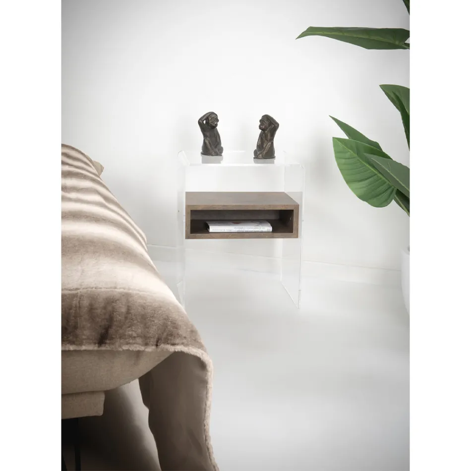 طاولة سرير جانبية قابلة لإعادة التدوير مصنوعة من زجاج شبكي شفاف وخشب - باسكولي Viadurini