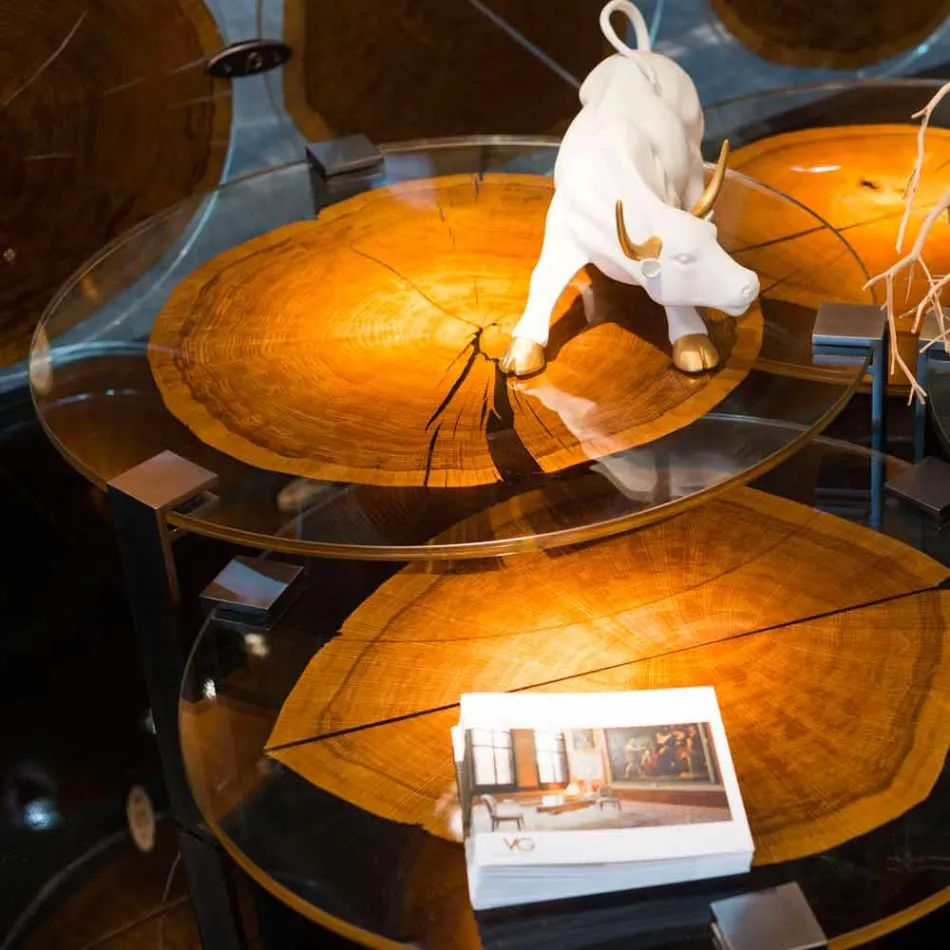 طاولة قهوة حديثة عالية مع سطح زجاجي وخشب بيغو 1 Viadurini