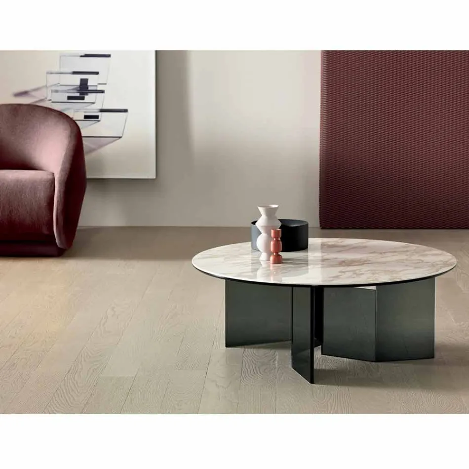طاولة قهوة دائرية بسطح سيراميك وأرجل من الزجاج المدخن - عشوائي Viadurini