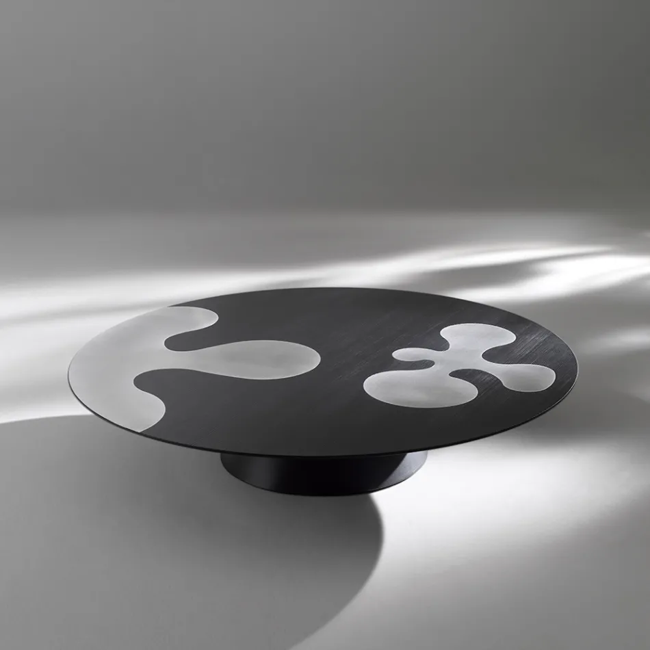 طاولة قهوة من خشب الأرز الأسود المطلي بالورنيش مع حشوات من الفولاذ المقاوم للصدأ المصقول - فيرجين Viadurini