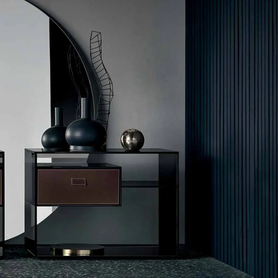 طاولة جانبية للأريكة أو طاولة بجانب السرير من الزجاج المدخن مع درج جلدي - لينزي Viadurini