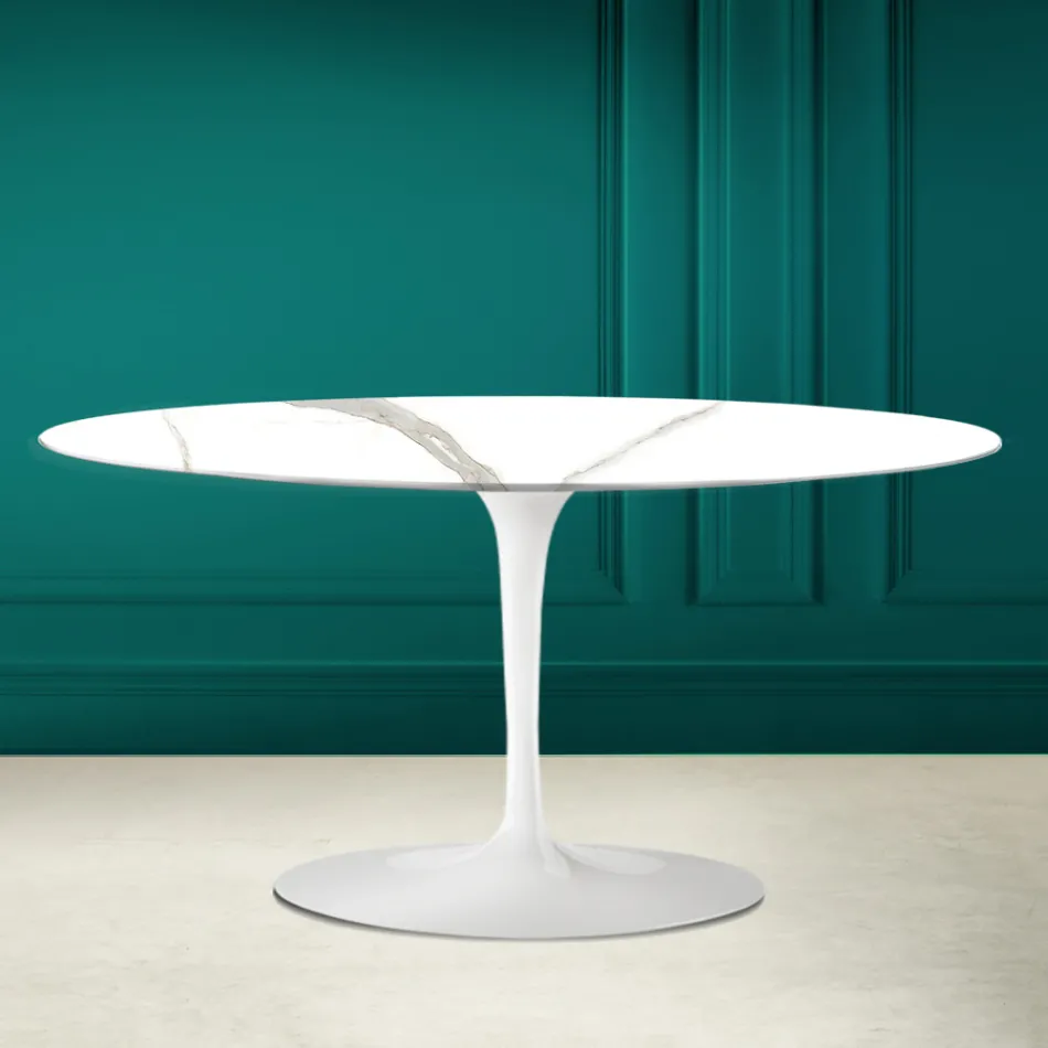 طاولة قهوة بيضاوية من توليب سارينن، ارتفاع 41 سم، مصنوعة من جلد كلكتا مايكل أنجلو، مصنوعة في إيطاليا - قرمزي Viadurini