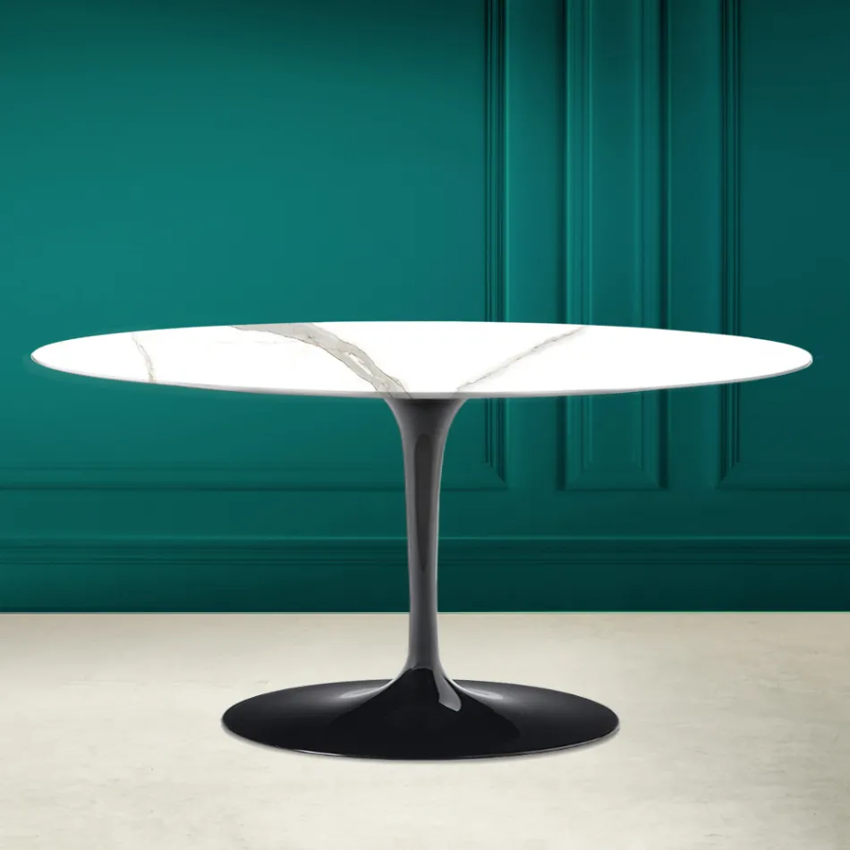 طاولة قهوة بيضاوية من توليب سارينن، ارتفاع 41 سم، مصنوعة من جلد كلكتا مايكل أنجلو، مصنوعة في إيطاليا - قرمزي Viadurini