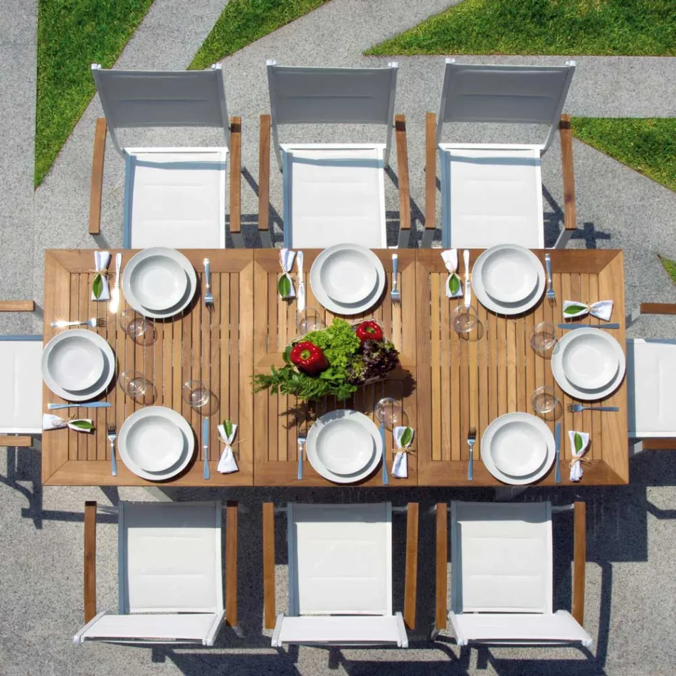 طاولة فراشة قابلة للتمديد حتى 210 سم مصنوعة من الألومنيوم وسطح من خشب الساج - إنكانتو Viadurini