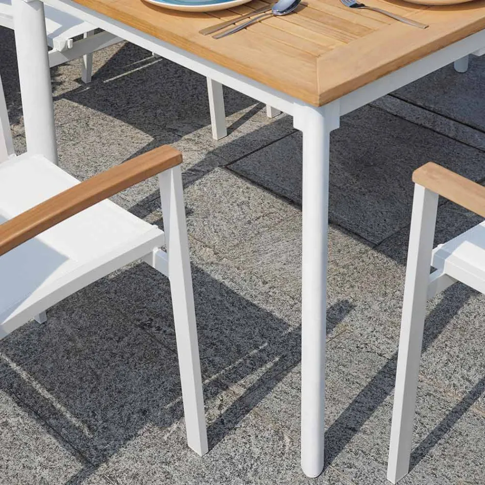 طاولة فراشة قابلة للتمديد حتى 210 سم مصنوعة من الألومنيوم وسطح من خشب الساج - إنكانتو Viadurini