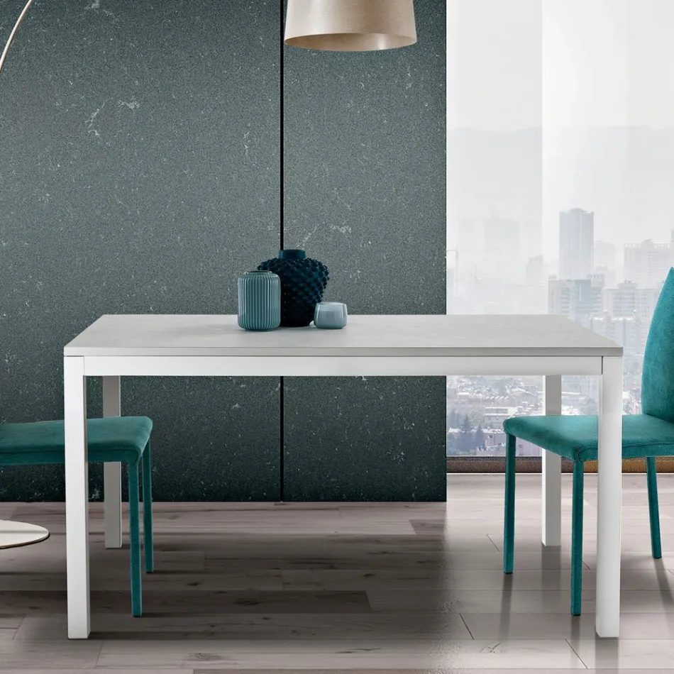 طاولة قابلة للتمديد بأرجل معدنية بيضاء وسطح من الميلامين - شايلا Viadurini