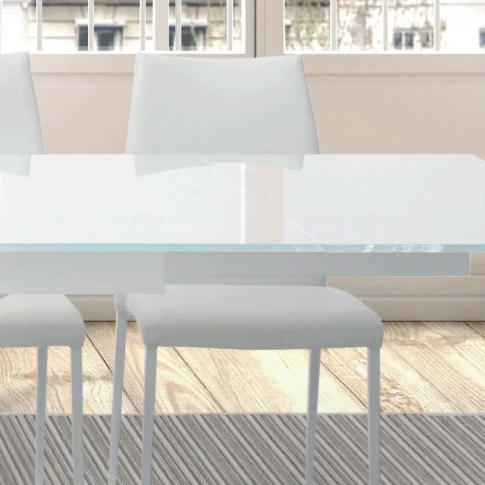 طاولة قابلة للتمديد حتى 278 سم مصنوعة من الزجاج والفولاذ الأبيض صنع في إيطاليا - جروتا Viadurini