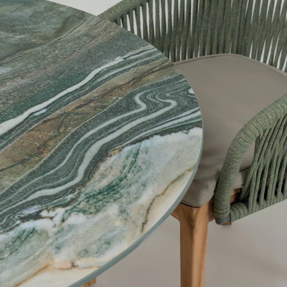 طاولة ذات سطح سيراميك وقاعدة من خشب الساج، صنع في إيطاليا - خوذة Viadurini