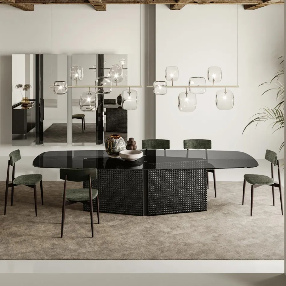 طاولة ذات سطح زجاجي مُشكَّل وقاعدة من الزجاج المُدمج والمعدن - Foglietto Viadurini