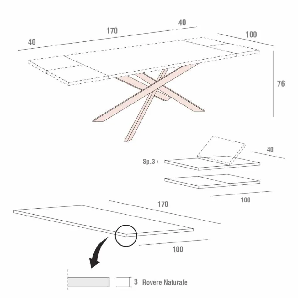 طاولة مطبخ قابلة للتمديد حتى 280 سم مصنوعة من الخشب في إيطاليا - كارلينو Viadurini