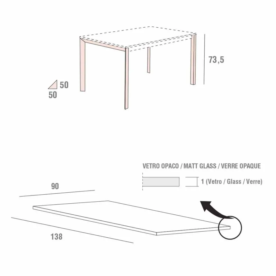 طاولة مطبخ من الزجاج غير اللامع بهيكل معدني، صنع في إيطاليا - بروش Viadurini