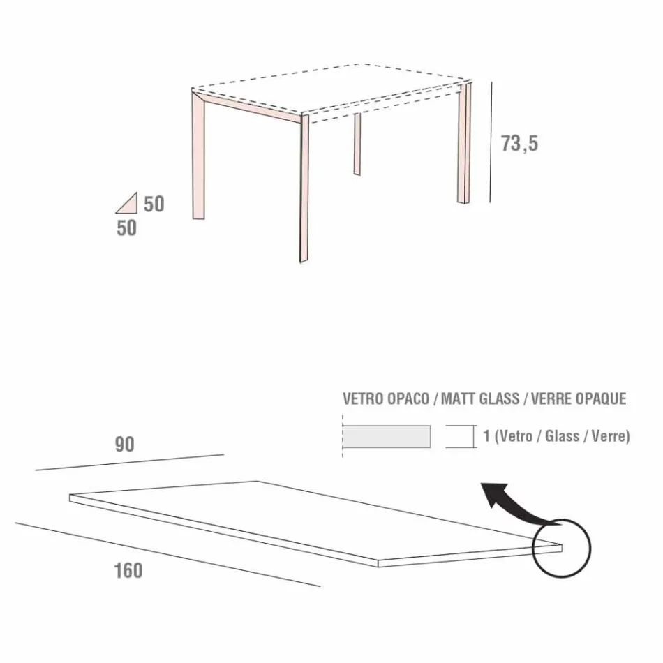 طاولة مطبخ من الزجاج غير اللامع بهيكل معدني، صنع في إيطاليا - بروش Viadurini