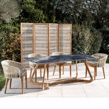 طاولة خارجية بقاعدة خشبية وسطح سيراميك أزرق محيطي - إنفينيتي Viadurini