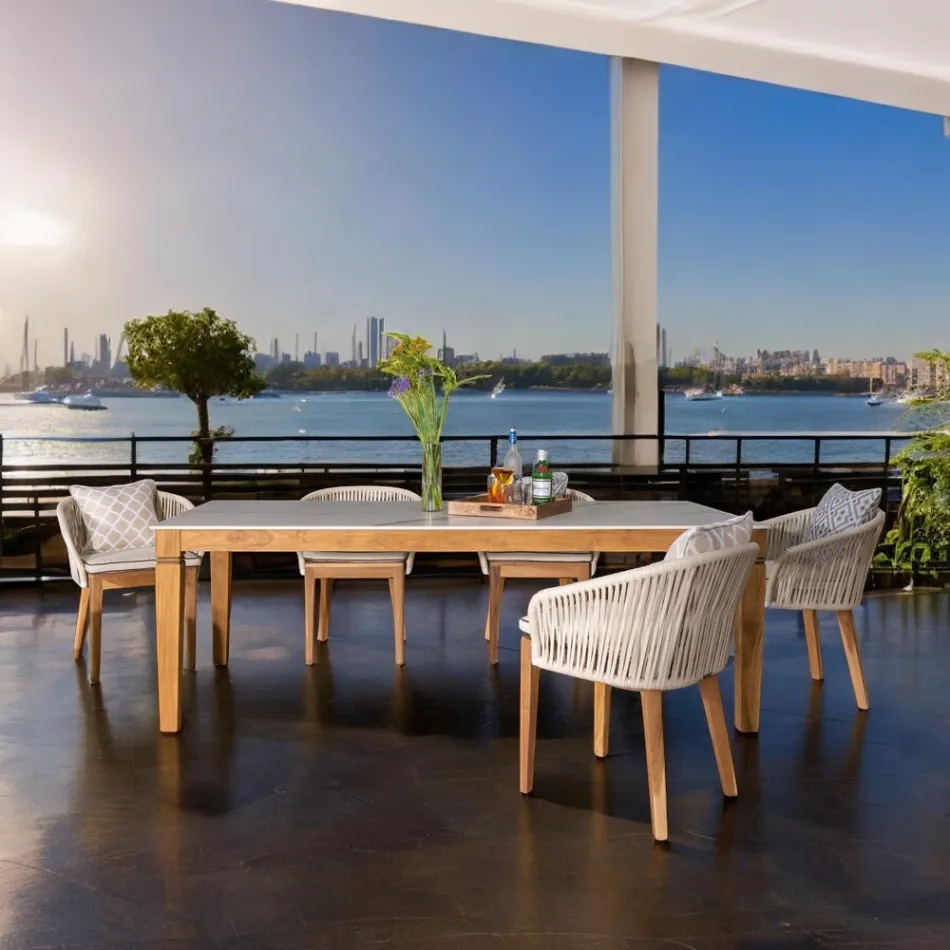 طاولة حديقة من خشب الساج الطبيعي وسطح من السيراميك - آرتيس Viadurini