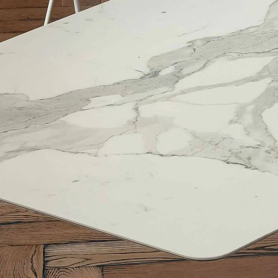 طاولة طعام برميلية من اللامينيم والرخام الصناعي، صنع في إيطاليا - برونتولو Viadurini