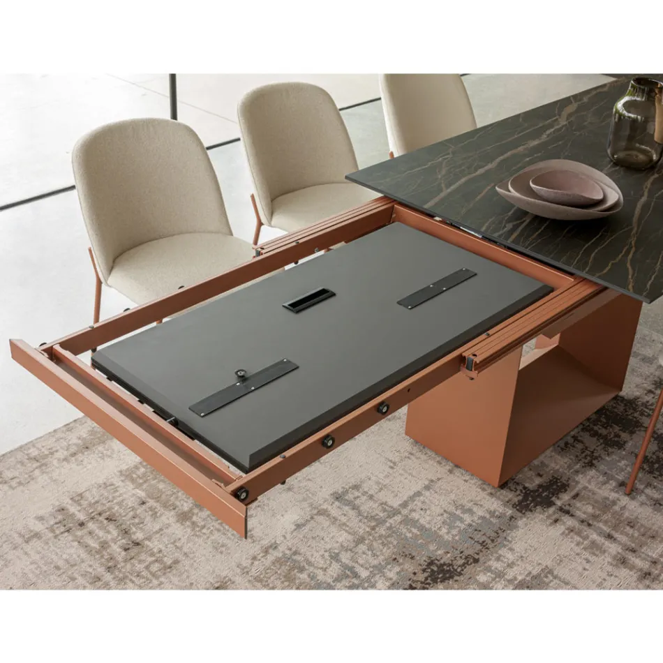 طاولة طعام قابلة للتمديد حتى 298 سم مصنوعة من السيراميك والمعدن، صنع في إيطاليا - زهرة عباد الشمس Viadurini