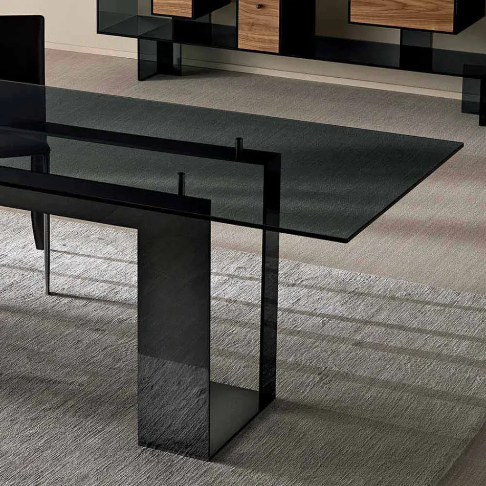 طاولة طعام بسطح من الزجاج المدخن وقاعدة معدنية، 4 أبعاد - سبيك Viadurini