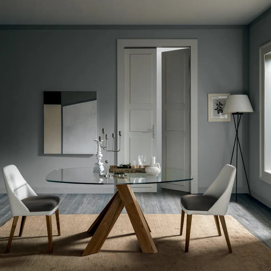 طاولة طعام لغرفة المعيشة بسطح زجاجي وأرجل خشبية - نباتية Viadurini