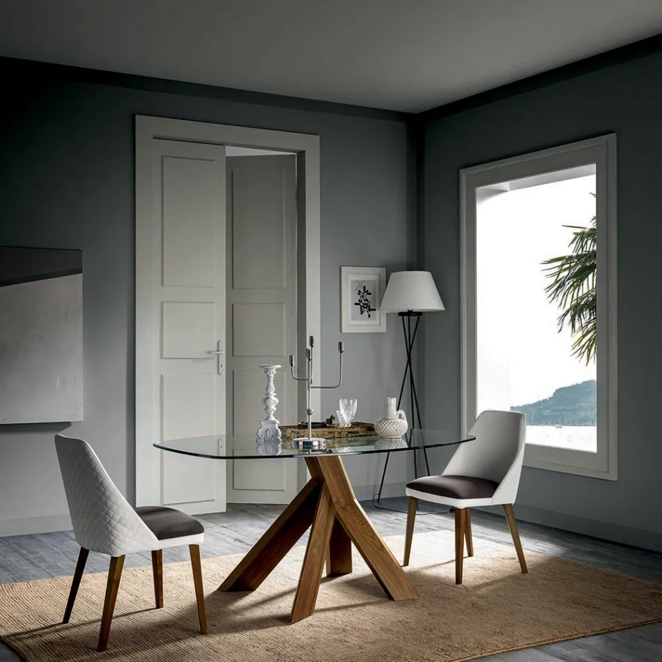 طاولة طعام لغرفة المعيشة بسطح زجاجي وأرجل خشبية - نباتية Viadurini