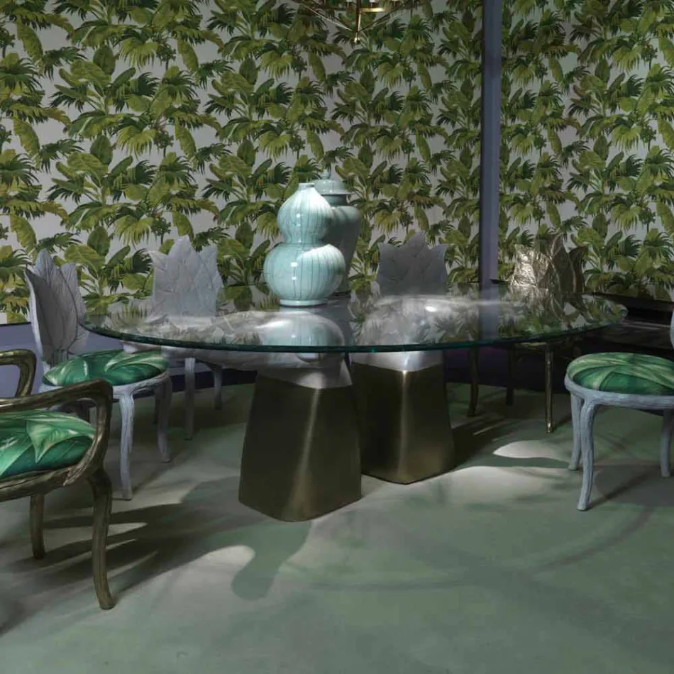 طاولة طعام خشبية ذات سطح زجاجي، صنع في إيطاليا، بارتولو Viadurini