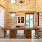 طاولة طعام من الخشب الاستوائي المعاد تدويره بقاعدة مزدوجة - منزلقة Viadurini