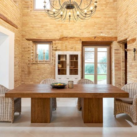 طاولة طعام من الخشب الاستوائي المعاد تدويره بقاعدة مزدوجة - منزلقة Viadurini