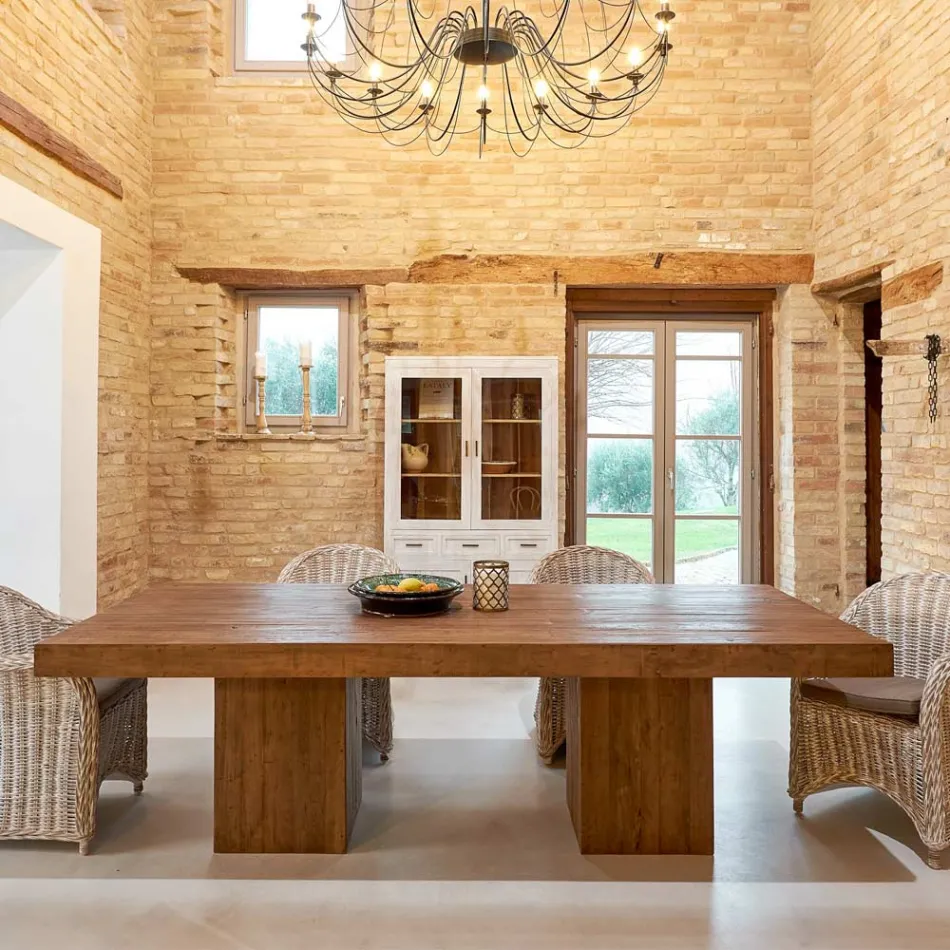 طاولة طعام من الخشب الاستوائي المعاد تدويره بقاعدة مزدوجة - منزلقة Viadurini