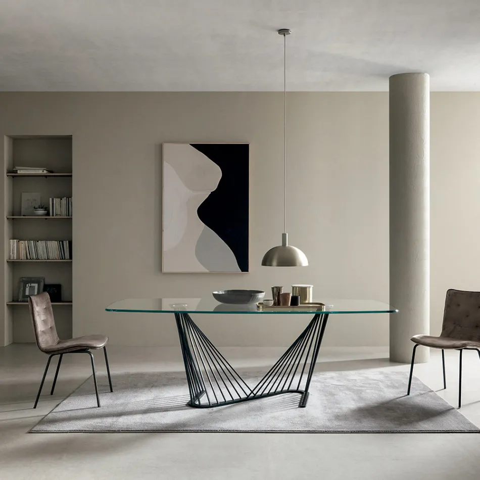 طاولة طعام بسطح زجاجي وقاعدة من الحبال المعدنية، مقاسين - ألاريكو Viadurini