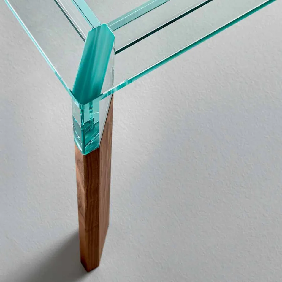 طاولة طعام بسطح زجاجي وقاعدة من الخشب الصلب، صنع في إيطاليا - بريسينو Viadurini