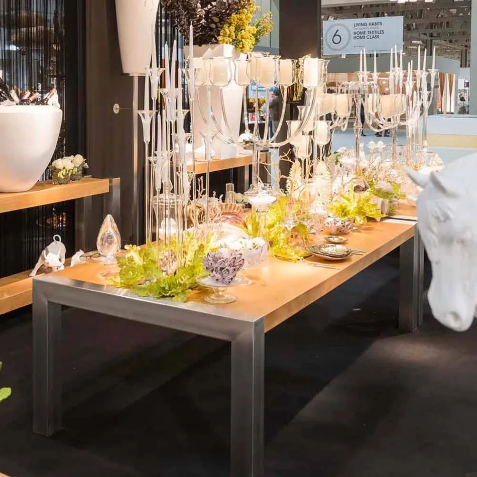 طاولة طعام مستطيلة مصنوعة من خشب البلوط وفولاذ فرودو Viadurini