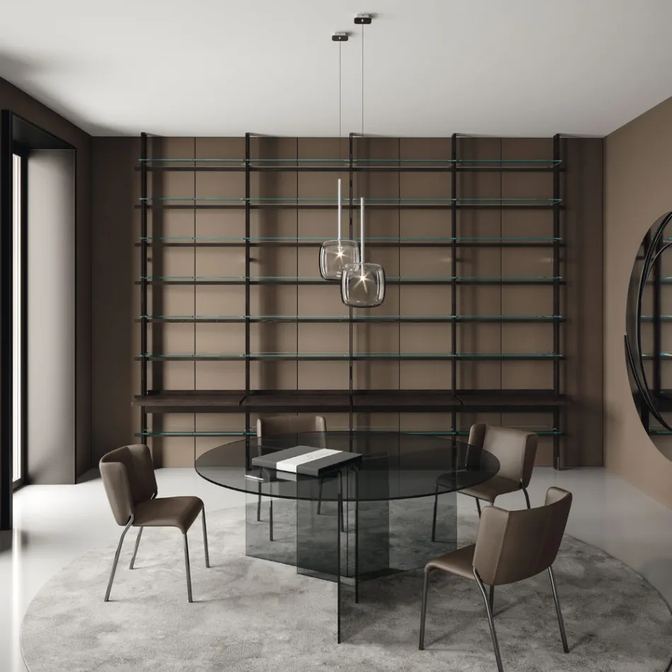 طاولة طعام مستديرة بقاعدة وسطح زجاجي، صنع في إيطاليا - تشارلز Viadurini