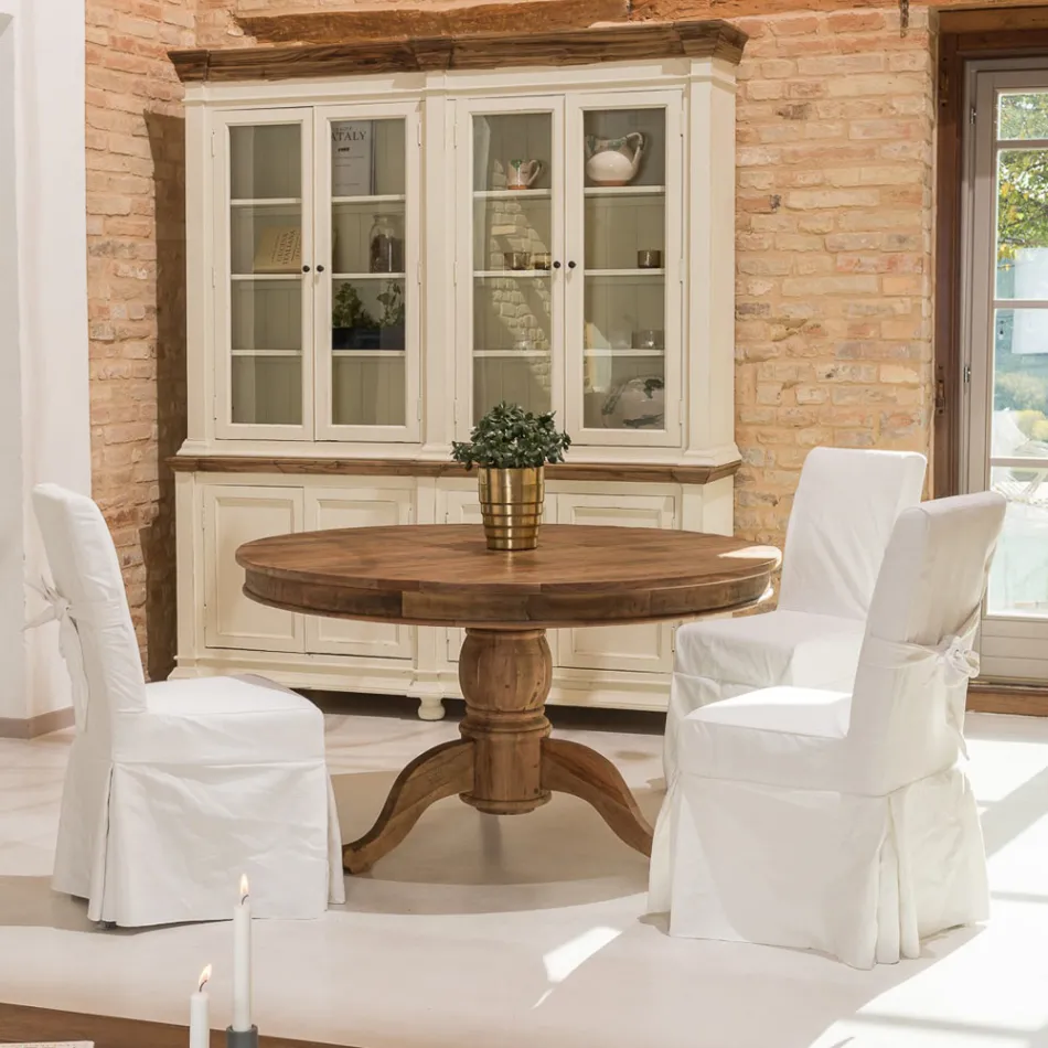 طاولة طعام مستديرة من الخشب الاستوائي المعاد تدويره مع قاعدة مركزية - منزلق Viadurini