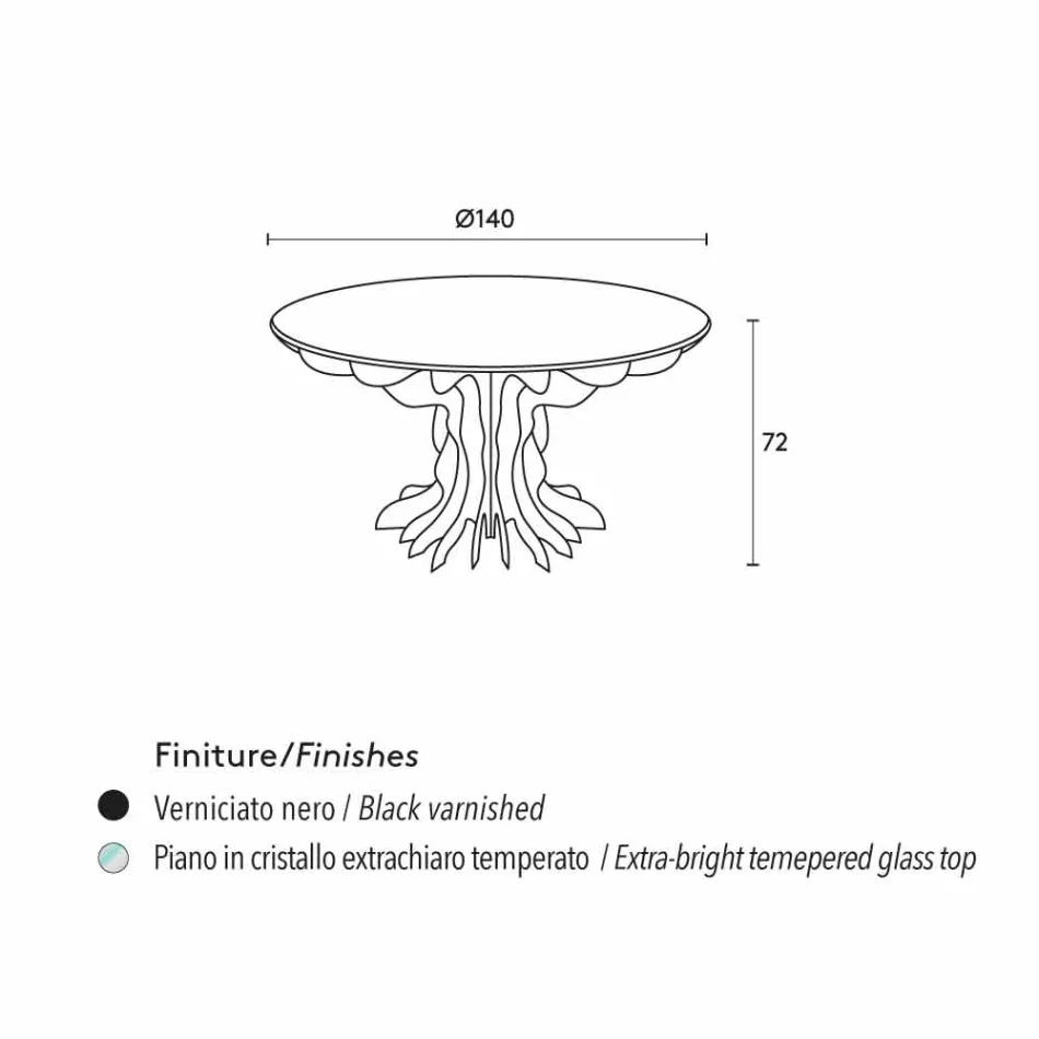 طاولة طعام كاسيا مستديرة، سطح خشبي أسود وسطح كريستالي Viadurini