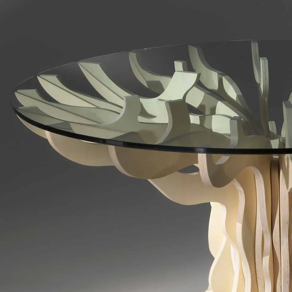 طاولة طعام خشبية مستديرة مع سطح زجاجي مزخرف Viadurini