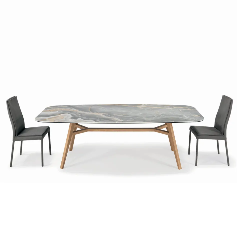 طاولة ثابتة على شكل برميل من السيراميك وخشب الدردار، صنعت في إيطاليا - شمال Viadurini