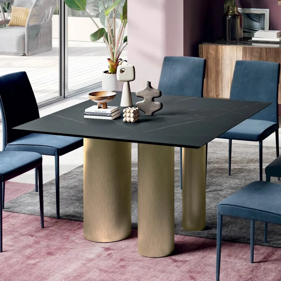 طاولة مربعة ثابتة من الخشب الرقائقي والصلب، صنع في إيطاليا - مقص Viadurini