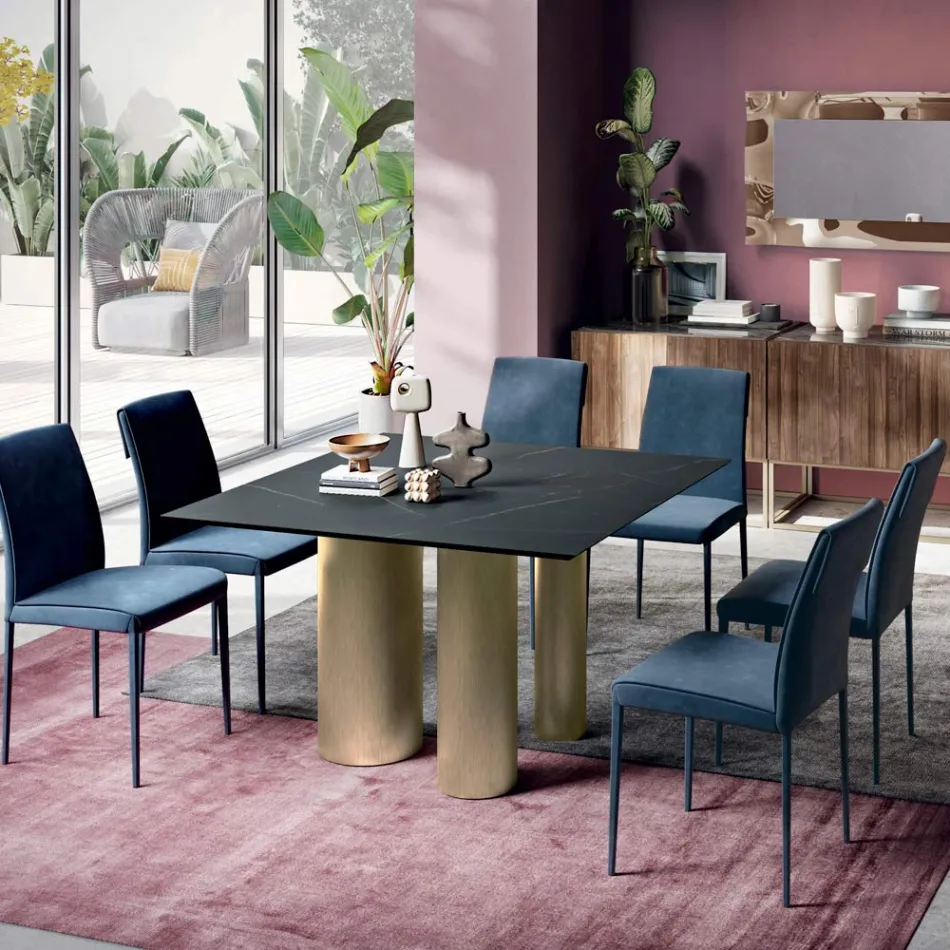 طاولة مربعة ثابتة من الخشب الرقائقي والصلب، صنع في إيطاليا - مقص Viadurini