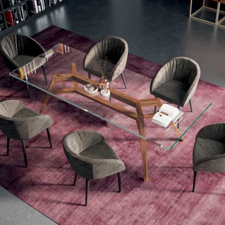 طاولة مستطيلة ثابتة مصنوعة من زجاج شفاف للغاية وخشب الرماد، صنع في إيطاليا - شمال Viadurini