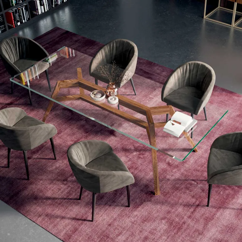 طاولة مستطيلة ثابتة مصنوعة من زجاج شفاف للغاية وخشب الرماد، صنع في إيطاليا - شمال Viadurini