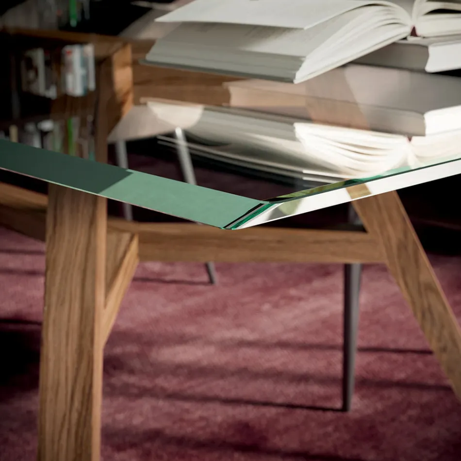 طاولة مستطيلة ثابتة مصنوعة من زجاج شفاف للغاية وخشب الرماد، صنع في إيطاليا - شمال Viadurini