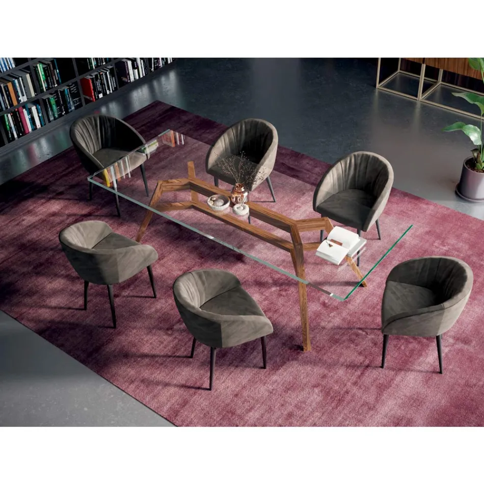 طاولة مستطيلة ثابتة مصنوعة من زجاج شفاف للغاية وخشب الرماد، صنع في إيطاليا - شمال Viadurini