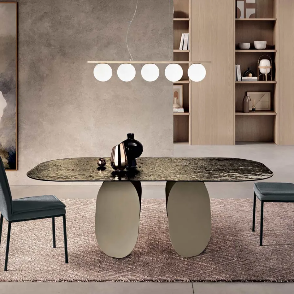 طاولة مستطيلة بظهر زجاجي مطروق مطلي بالفضة، صنع في إيطاليا - ألمو Viadurini