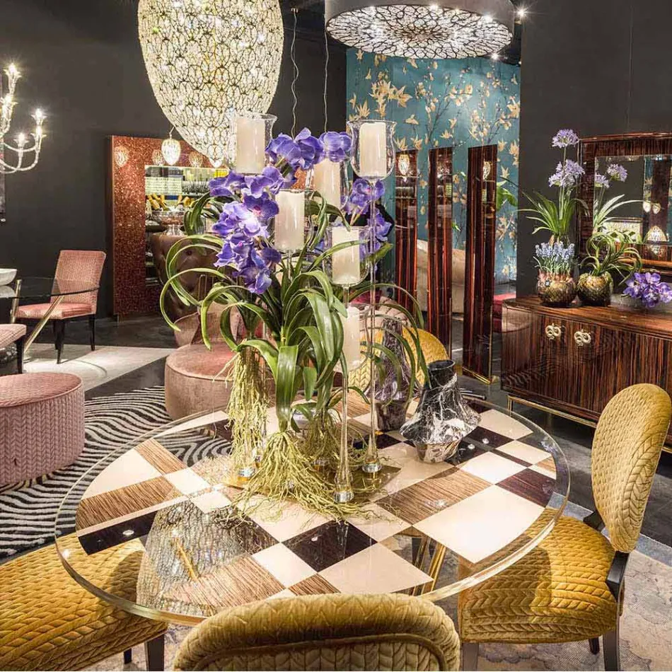 طاولة مودينو المستديرة ذات السطح الزجاجي وتطعيمات خشب أوزي Viadurini