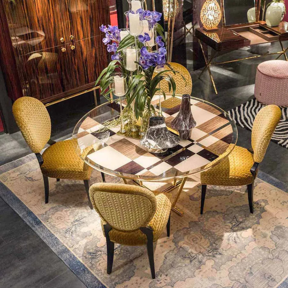 طاولة مودينو المستديرة ذات السطح الزجاجي وتطعيمات خشب أوزي Viadurini