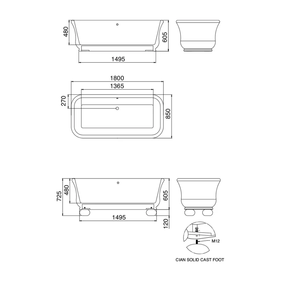 حوض استحمام مستطيل الشكل ذو سطح صلب وزوايا ناعمة، صنع في إيطاليا - فولفيو Viadurini